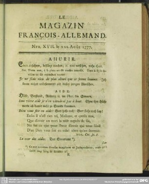 Nro. XVII. le XXI. Août 1777