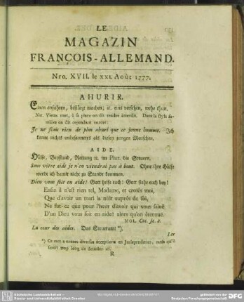 Nro. XVII. le XXI. Août 1777