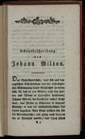 Lebensbeschreibung des Johann Milton.