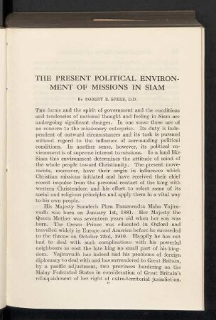 The present political environment of missions in Siam