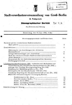Nr. 19, 30. Juni 1949, Ordentliche Sitzung
