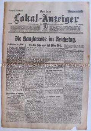 Titelblatt des "Berliner Lokal-Anzeiger" u.a. zur Rede von Reichskanzler Bethmann-Hollweg vor dem Reichstag