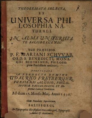 Theoremata Selecta, Ex Universa Philosophia Naturali