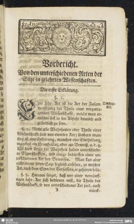 Vorbericht. Von den unterschiedenen Arten der Säze in gelehrten Wissenschaften