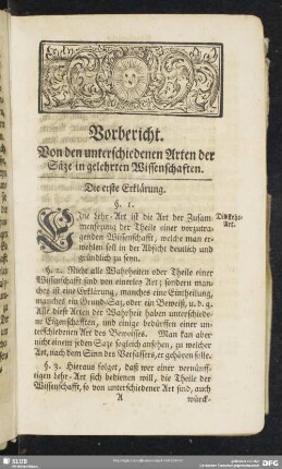 Vorbericht. Von den unterschiedenen Arten der Säze in gelehrten Wissenschaften