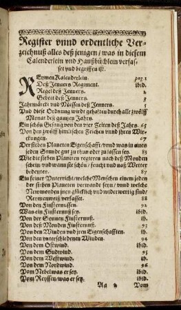 Register unnd ordentliche Verzeichnuß alles deß jenigen/ was in diesem Calenderlein und Haußbüchlein verfasset und begriffen ist.