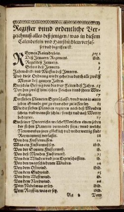 Register unnd ordentliche Verzeichnuß alles deß jenigen/ was in diesem Calenderlein und Haußbüchlein verfasset und begriffen ist.
