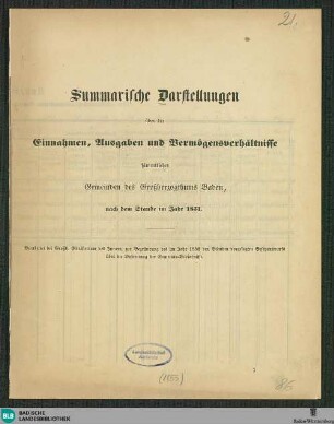 Summarische Darstellungen über die Einnahmen, Ausgaben und Vermögensverhältnisse sämmtlicher Gemeinden des Großherzogthums Baden, nach dem Stande im Jahre 1851