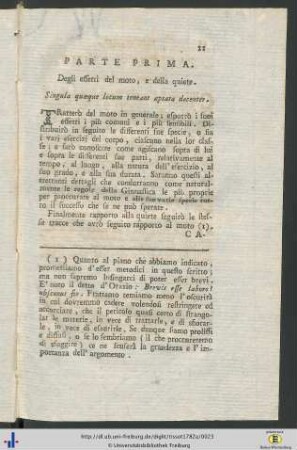 Parte Prima. Degli effetti del moto, e della quiete.