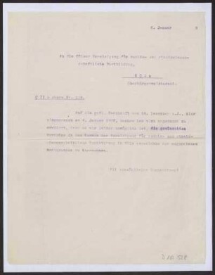 Schreiben an die Cölner Vereinigung für rechts- und staatswissenschaftliche Fortbildung, Oberbürgermeisteramt, Cöln (Brief)