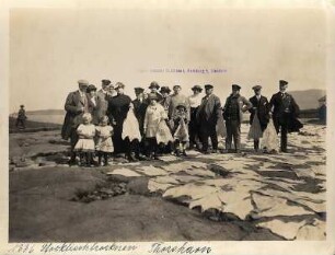 Thorshaven/Färöer Inseln (Dänemark). Gruppenbildnis mit Touristen und einheimischen Kindern beim Stockfischtrocknen