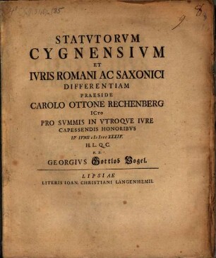 Statutorum Cygnensium et iuris Romani ac Saxonici differentia