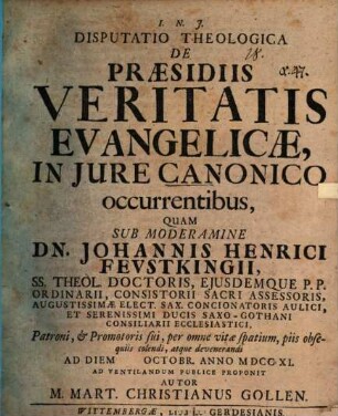 Disp. theol. de praesidiis veritatis evangelicae in iure canonico occurrentibus