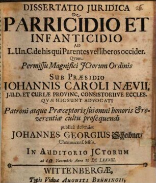 Diss. iur. de parricidio et infanticidio