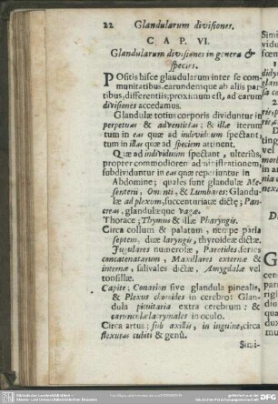 Cap. VI. Glandularum divisiones in genera & species