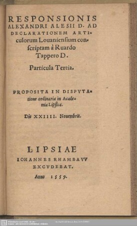 3: Proposita In Disputatione ordinaria in Academia Lipsica. Die XXIIII. Nouembris