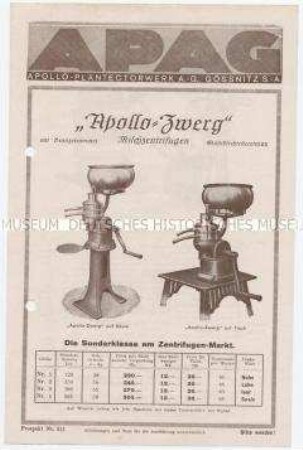 "Apollo-Zwerg" Milchzentrifugen / Prospekt Nr. 241