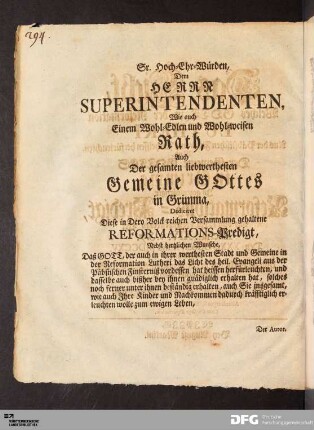 Sr. Hoch-Ehr-Würden, Dem Herrn Superintendenten...