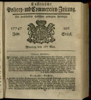 20tes Stueck, Montag den 16ten May 1774