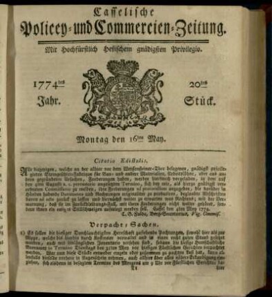 20tes Stueck, Montag den 16ten May 1774