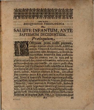 Disquisitio Theologica De Salute Infantum ante Baptismum decedentium