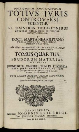 4: Digestorum Novissimorum Totius Iuris Controversi Scientiae, Ex Omnibus Decisionibus Universi Orbis, Quae Hucusque Extant ... Tomus .... 4
