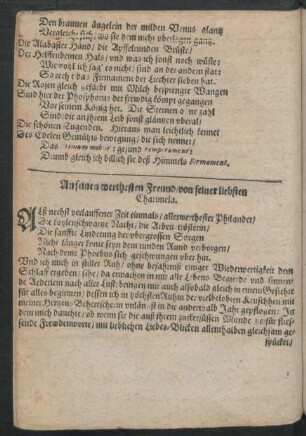 An seinen werthesten Freund/ von seiner liebsten Charimela.