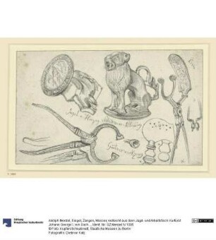 Siegel, Zangen, Messer, vielleicht aus dem Jagd- und Arbeitstisch Kurfürst Johann Georgs I. von Sachsen, Historisches Museum, Dresden