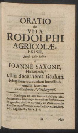 Oratio de Vita Rodolphi Agricolae, Frisii, Mense Julio habita à Ioanne Saxone, ...