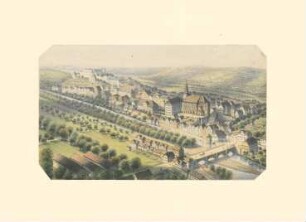 Tübingen. Blick aus geringer Höhe mit Vorstadt vor der Neckarbrücke und Blick ins Ammertal : Kolorierte Lithographie