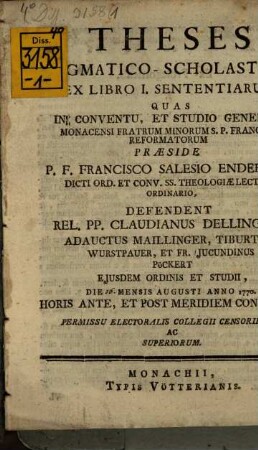 Theses dogmatico-scholasticae ex libro I. Sententiarum