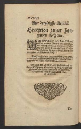 Der dreyssigste Artickel. Exception zuvor handenden Rechtens.
