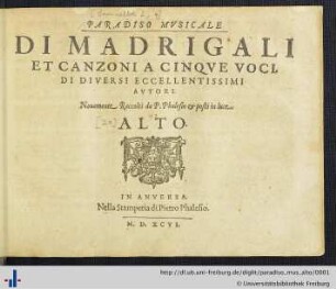 Alto: Paradiso musicale di madrigali et canzoni a cinque voci di diversi eccellentissimi autori