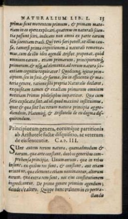 Principiorum genera, eorumque partitionis ab Aristotele factae disquisitio ... Cap. III.