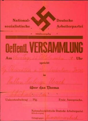 Versammlung der NSDAP-Ortsgruppe Hammereisenbach: Schicksalswende (in Urach)