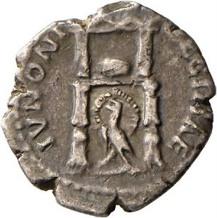 Denar des Antoninus Pius für Faustina maior mit Darstellung des Throns der Juno