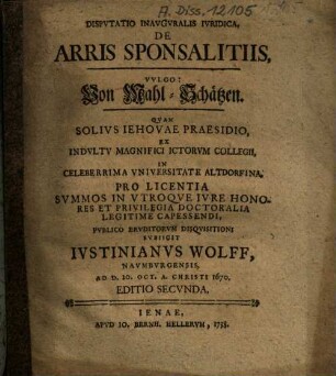 De arris sponsalitiis : vulgo Von Mahl-Schätzen