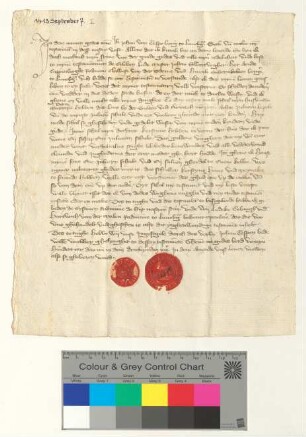 Testament des Lüneburger Bürgers Johan van Tespe, besiegelt durch die Ratsmannen Ludeke Tobingh und Hartwich van der Molen.