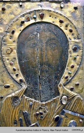Anchiskhati-Ikone : Christus Pantokrator mit Maria und Johannes dem Täufer links und rechts in der Ikonenrahmung, die Etimasia oben : Antlitz Christi