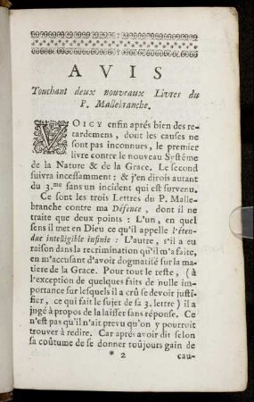 Avis Touchant deux nouveaux Livres du P. Mallebranche.