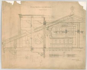 Thiersch, August ; München; Landwirtschaftsausstellung, Oberbayerisches Wohnhaus - Giebel (Schnitt, Details)