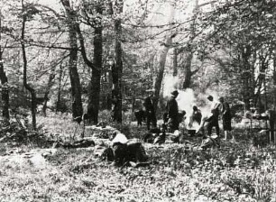 Jugendwandern. Jugendgruppe beim Kampieren und Abkochen in einem Wald