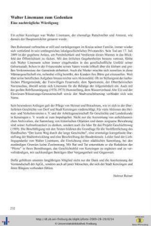Walter Linemann zum Gedenken - Eine nachträgliche Würdigung