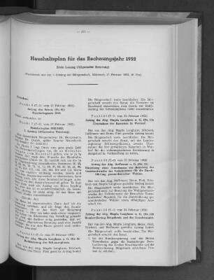 Haushaltsplan für das Rechnungsjahr 1952