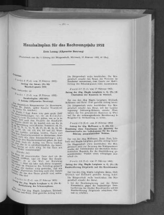 Haushaltsplan für das Rechnungsjahr 1952