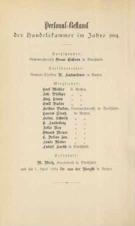 Personal-Bestand der Handelskammer im Jahre 1884.