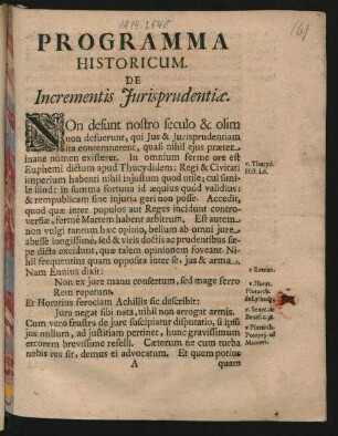 Programma Historicum. De Incrementis Iurisprudentiae : [... Coloniae Brandenb. d. 9. Iulii 1687]