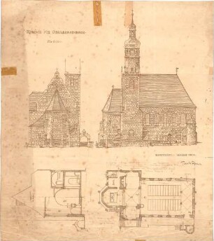 Fischer, Theodor; Oberbessenbach; St. Stephanuskirche - Grundriss, Ansichten, Schnitt