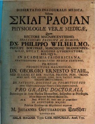 Dissertatio Inauguralis Medica Sistens Skiagraphian Physiologiae Verae Medicae