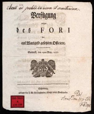 Verfügung wegen des Fori der auf Wartgeld gesetzten Officiere : Gottorff, den 19ten May, 1788